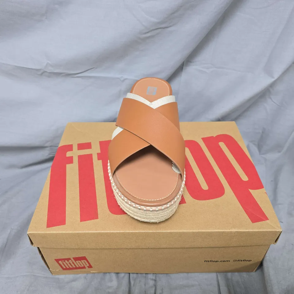 BOXED PAIR OF FITFLOP ELOISE ESPADRILLE LEATHER WEDGE CROSS SLIDES IN LIGHT TAN - UK 8