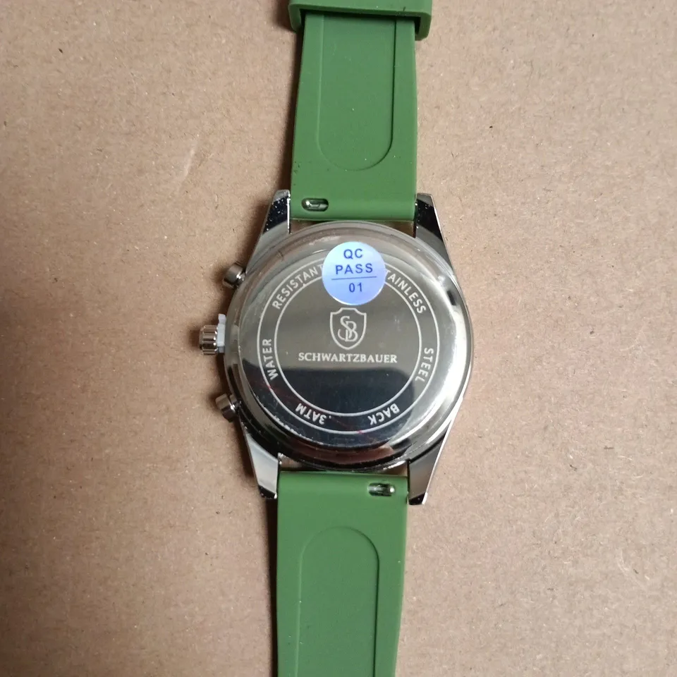 BOXED SCHWARTZBAUER CHRONOGRAPH WRISTWATCH – GREEN DIAL AND SILICONE STRAP