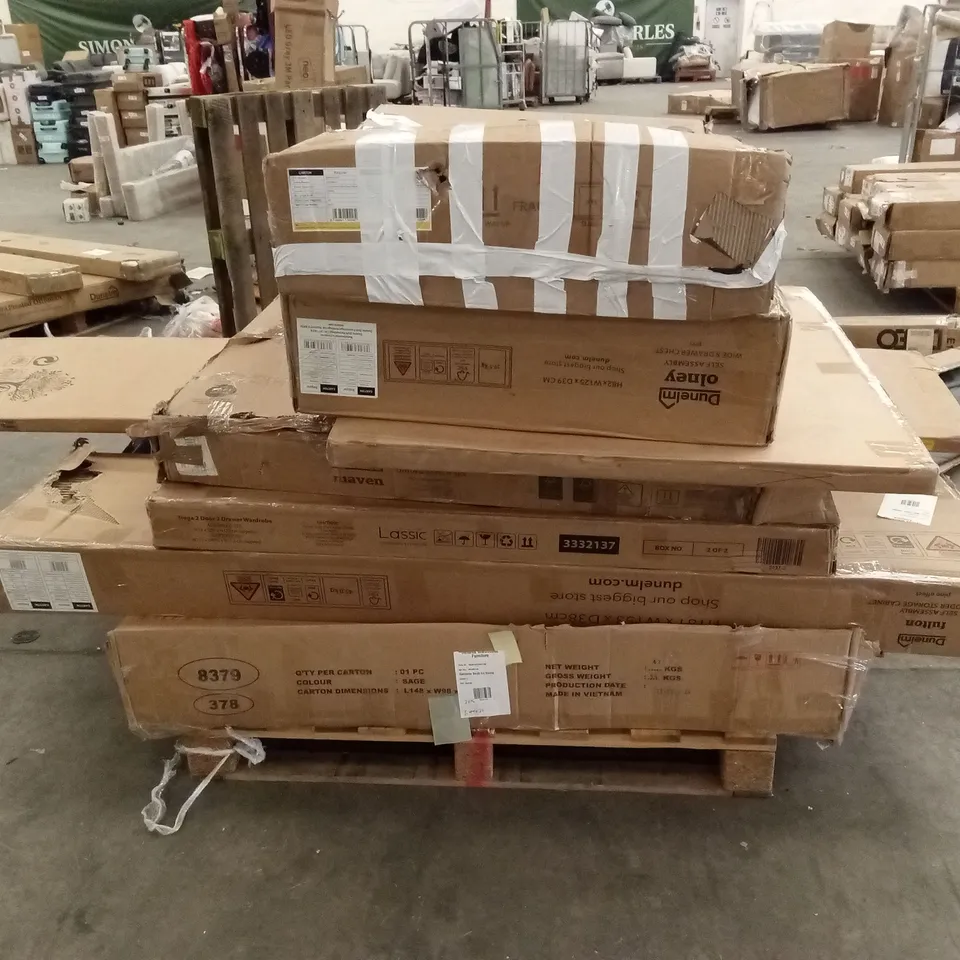 PALLET OF ASSORTED INCOMPLETE FURNITURE PARTS AND PIECES