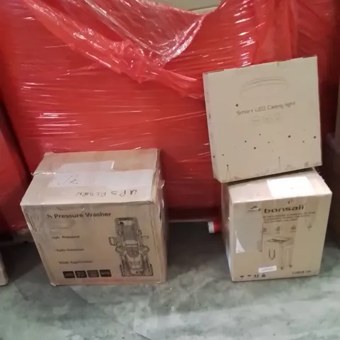 PALLET OF ASSORTED HOUSEHOLD GOODS AND PRODUCTS TO INCLUDE;PRESSURE WASHER,PAPER SHREDDER,LED CEILING LIGHT