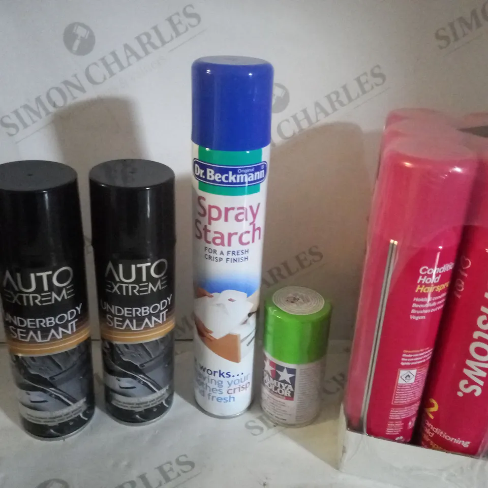 APPROXIMATELY 10 ASSORTED AEROSOLS INCLUDING BRISTOWS HAIRSPRAY, DR BECKMANN STARTCH SPRAY AND AUTO EXTREME UNDERBODY SEALANT - COLLECTION ONLY
