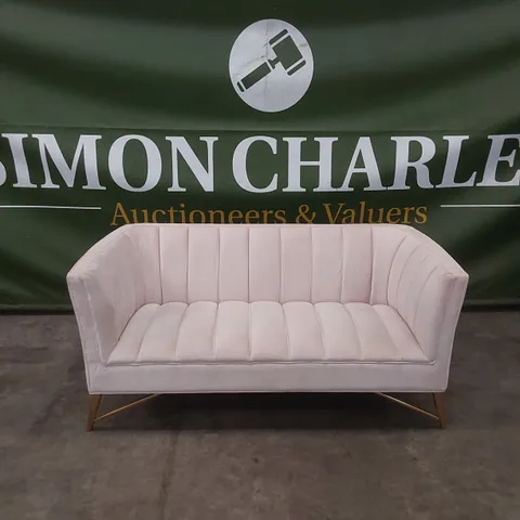 DESIGNER PLUSH PINK VELVET UPHOLSTERED SOFA WITH GOLD LEGS 