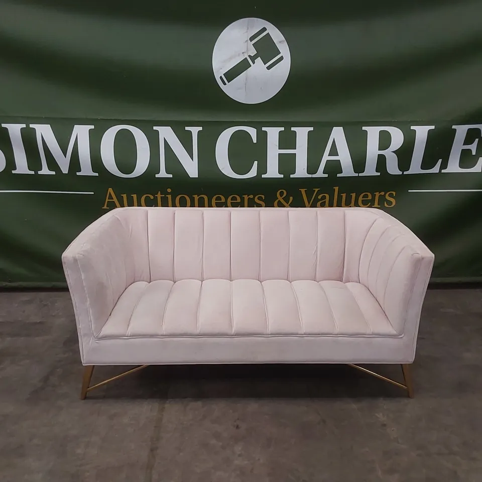DESIGNER PLUSH PINK VELVET UPHOLSTERED SOFA WITH GOLD LEGS 