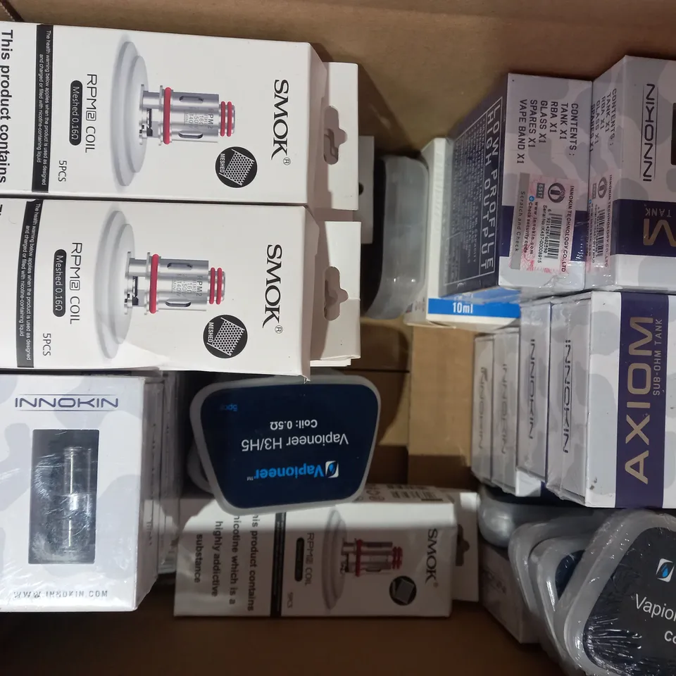 BOX OF APPROXIMATELY 30 ASSORTED VAPE ACCESSORIES IN VARIOUS STYLES TO INCLUDE VAPIONEER, SMOK, INNOKIN, ETC