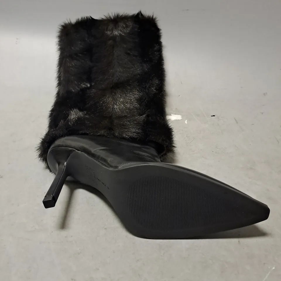 BERSHKA HIGH TOP FUR BLACK HIGH HEEL BOOTS - UK 5 