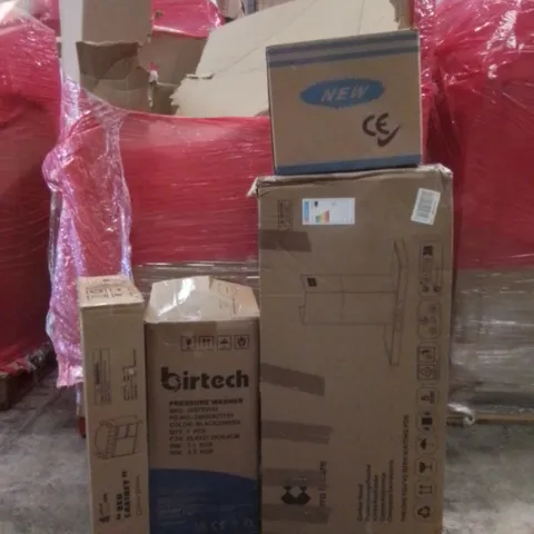 PALLET OF ASSORTED HOUSEHOLD GOODS AND FURNITURE TO INCLUDE; COOKER HOOD, BIRTECH PRESSURE WASHER, BED CABINET ETC 