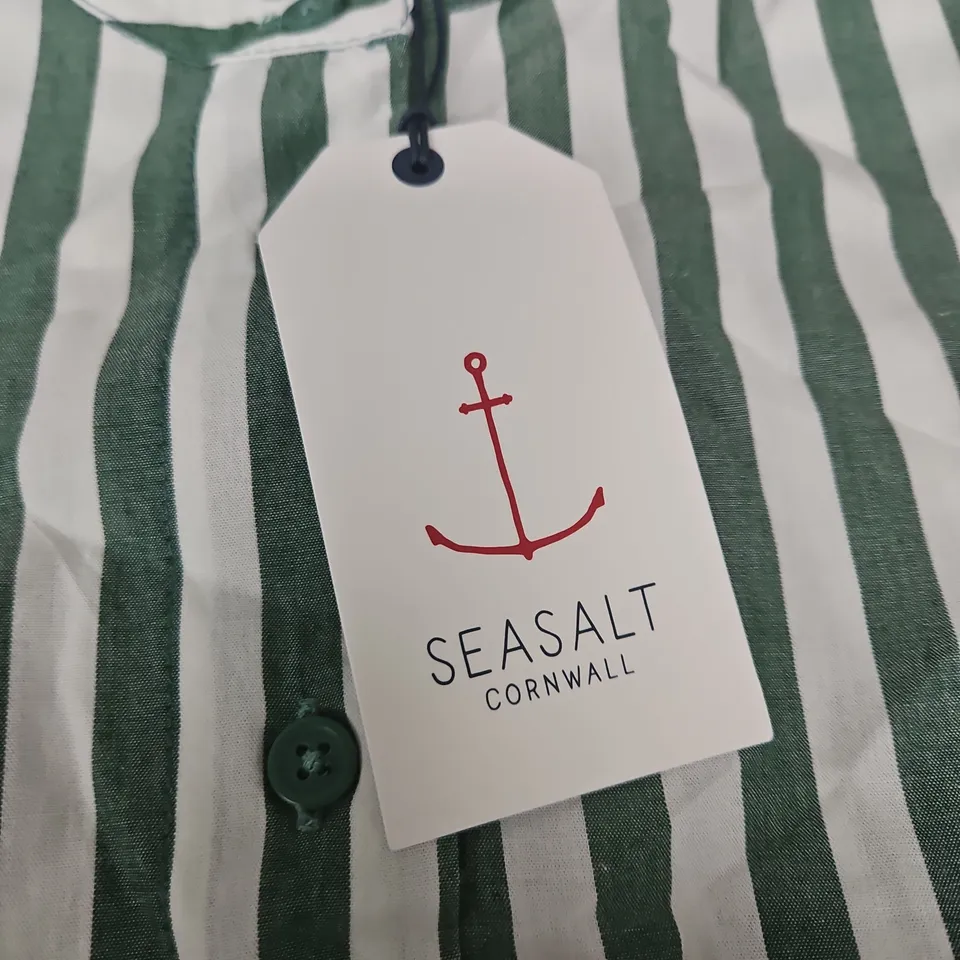 SEASALT CORNWALL HARBOUR MOVEMENT DRESS – ORGANIC COTTON, GREEN & WHITE STRIPE, UK 18