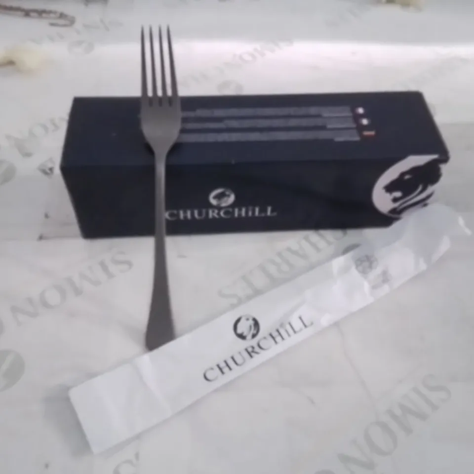BOXED CHURCHILL TANNER VINTAGE STAINLESS STEEL DESSERT FORK APPROXIMATELY 12