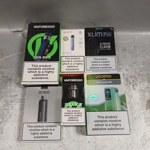 APPROXIMATELY 30 ASSORTED VAPE & E-CIGARETTE PRODUCTS TO INCLUDE VAPORESSO GEN 80 S, VOOPOO VINCI SPARK 220, OXVA X-SLIM PRO, ETC