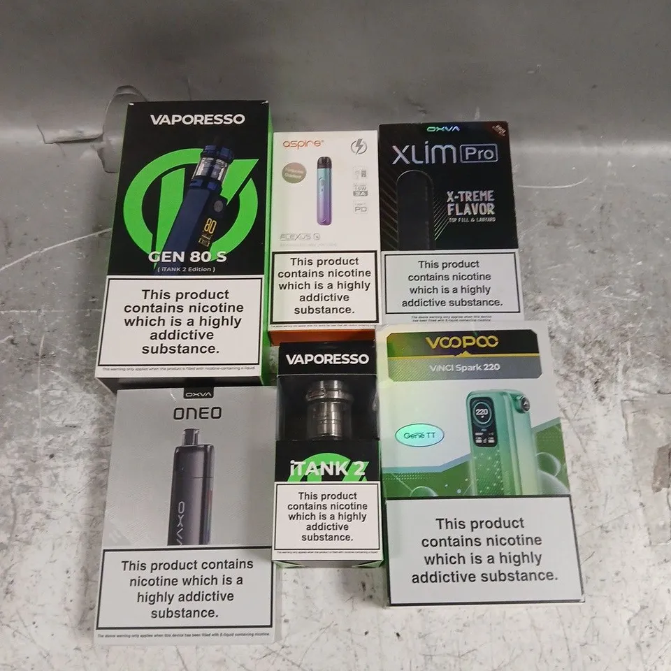 APPROXIMATELY 30 ASSORTED VAPE & E-CIGARETTE PRODUCTS TO INCLUDE VAPORESSO GEN 80 S, VOOPOO VINCI SPARK 220, OXVA X-SLIM PRO, ETC