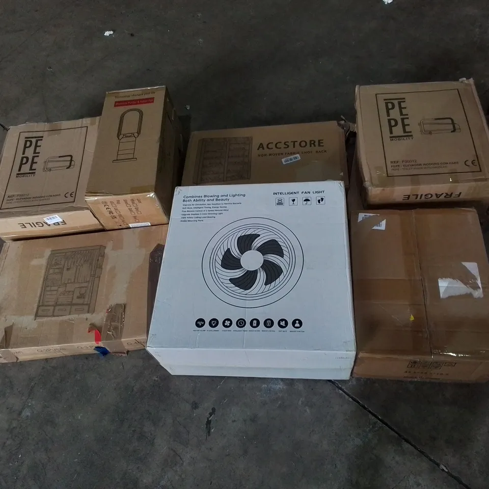 PALLET OF ASSORTED ITEMS TO INCLUDE: NON-WOVEN FABRIC SHOE RACK, TOILET RISER WITH HANDLES, INTELLIGENT FAN LIGHT ETC