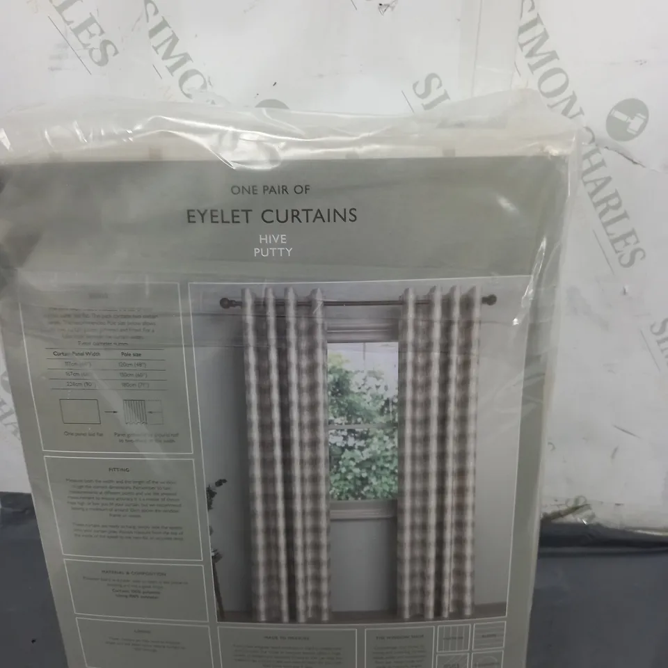 JOHN LEWIS ONE PAIR OF EYELET CURTAINS HIVE PUTTY 167CM BY 137CM 
