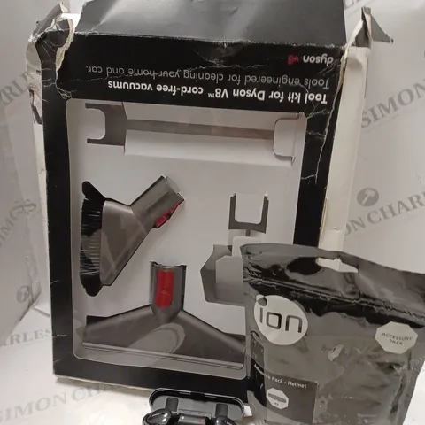 APPROXIMATELY 15 ASSSORTED ELECTRICAL ITEMS TO INCLUDE ION ADHESIVE PACK HELMET ACCESSORY PACK, EARBUDS, DYSON V8 TOOL KIT, ETC