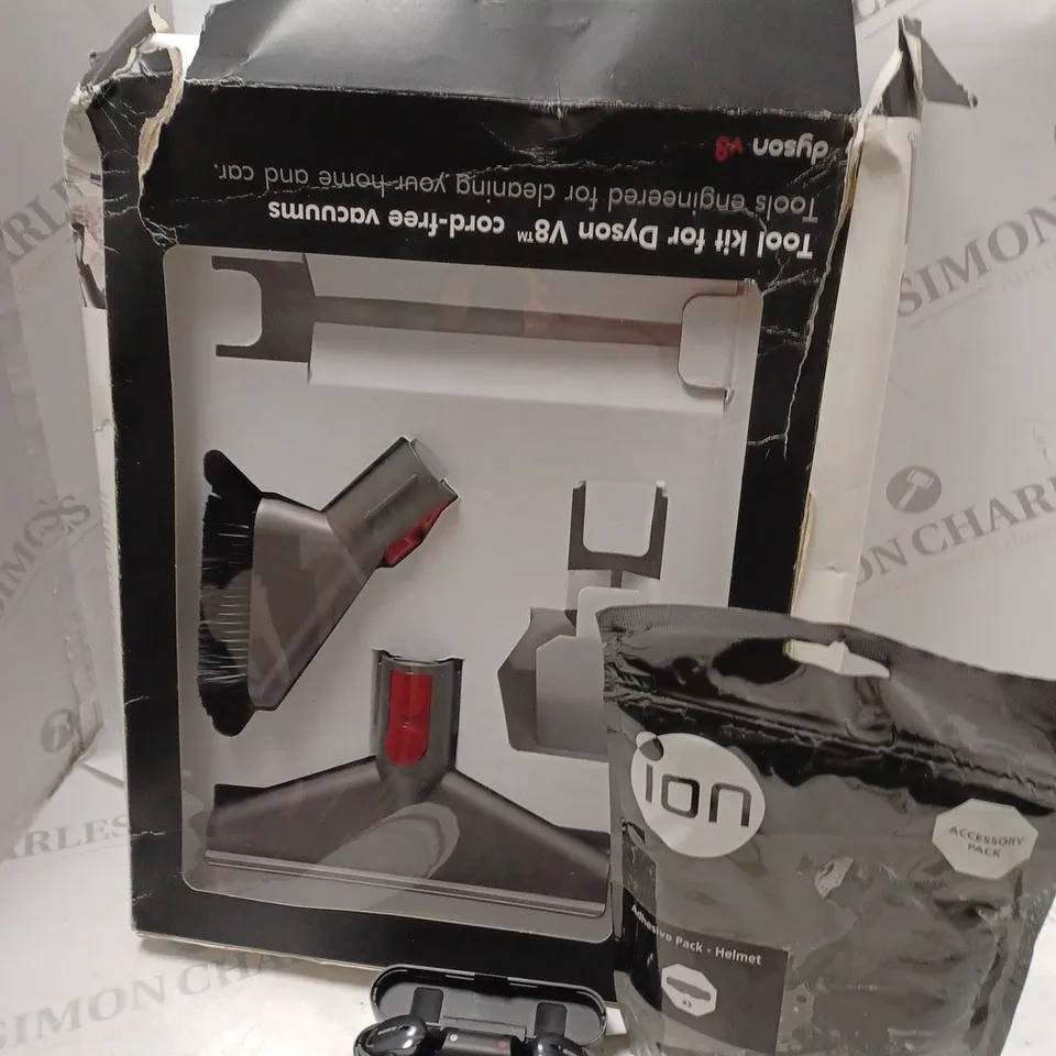 APPROXIMATELY 15 ASSSORTED ELECTRICAL ITEMS TO INCLUDE ION ADHESIVE PACK HELMET ACCESSORY PACK, EARBUDS, DYSON V8 TOOL KIT, ETC