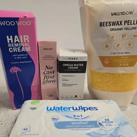 APPROX 12 ASSORTED BEAUTY PRODUCTS TO INCLUDE WOOWOO HAIR REMOVAL CREAM, THE INKEY LIST WATER CREAM, VALLYDOM BEESWAX PELLETS, ETC