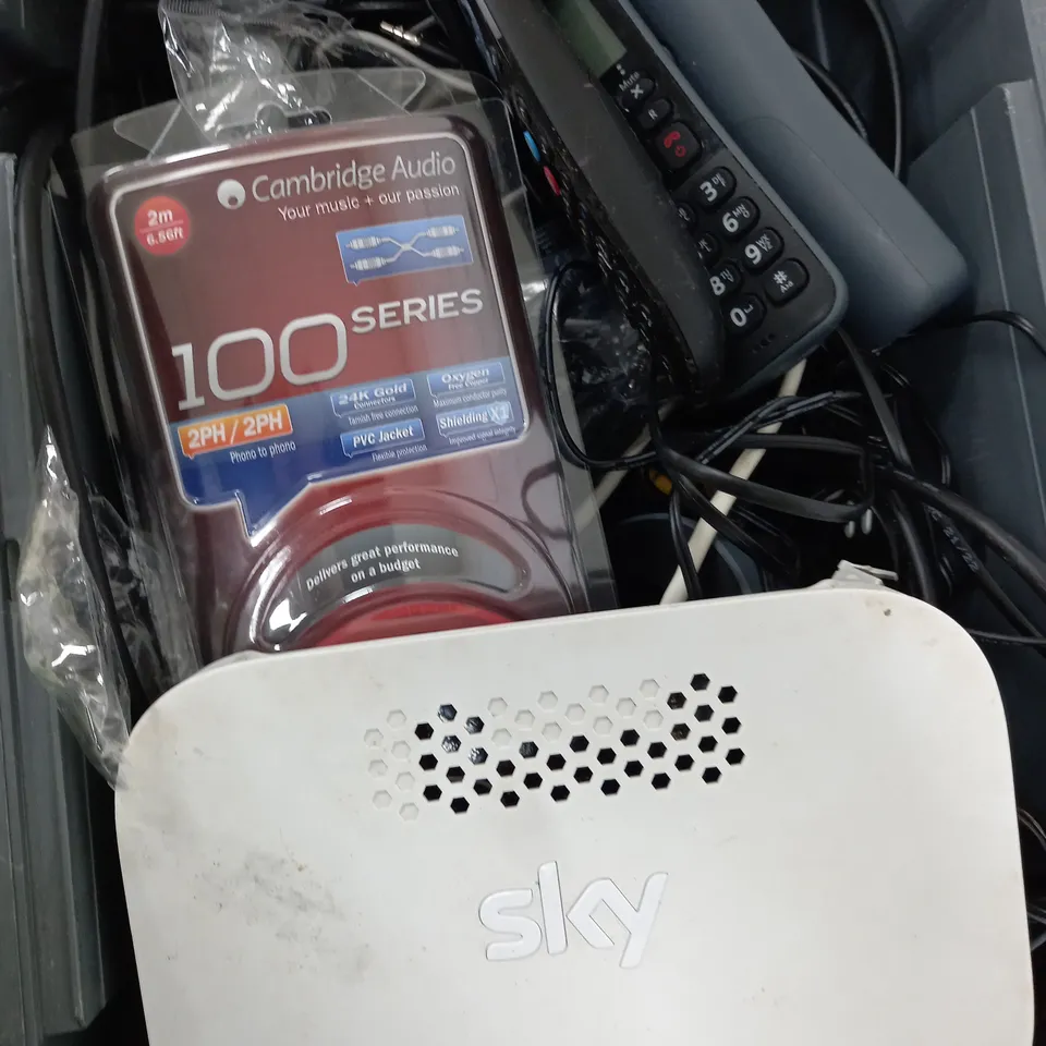 BOX OF APPROXIMATELY 10 ASSORTED ITEMS TO INCLUDE - HOUSE PHONE, SKY BOX, 100 SERIES WIRE ETC
