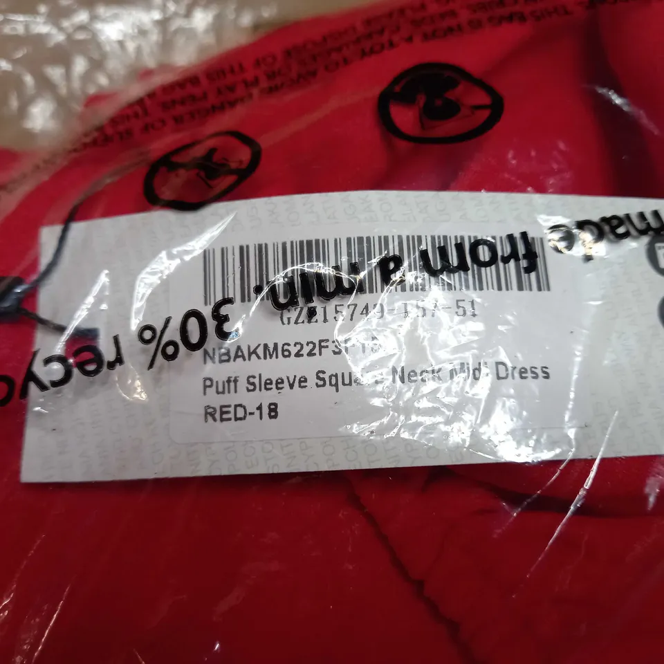 PACKAGED BOOHOO RED PUFF SLEEVE SQUAE NECK MIDI DRESS - SIZE 18