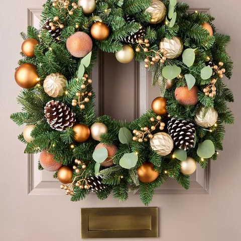 COPPER AND GOLD PRE-LIT CHRISTMAS WREATH - 80 CM