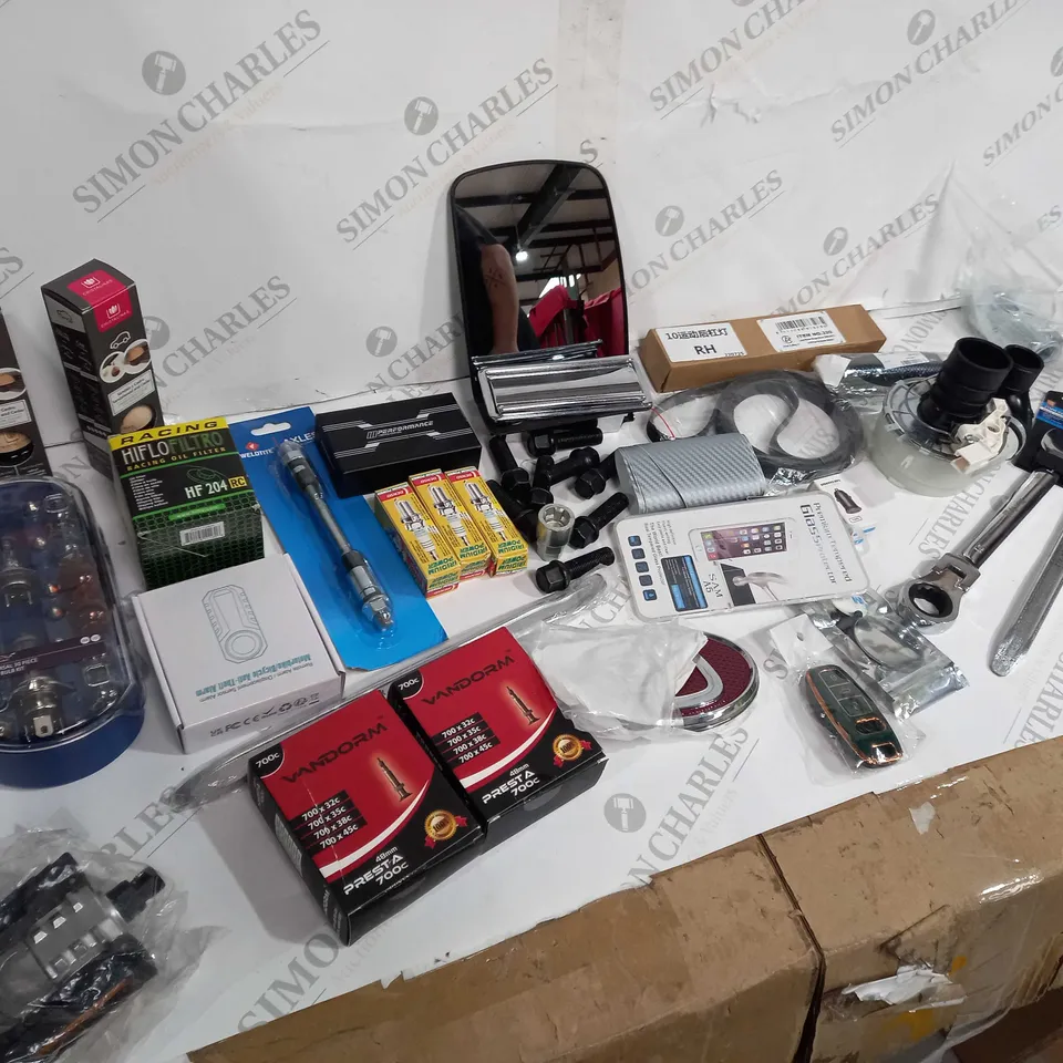 ASSORTED ITEMS TO INCLUDE: BALLBEARINGS, SPARK PLUGS, CAR CHARGER RACING OIL FILTER ETC 