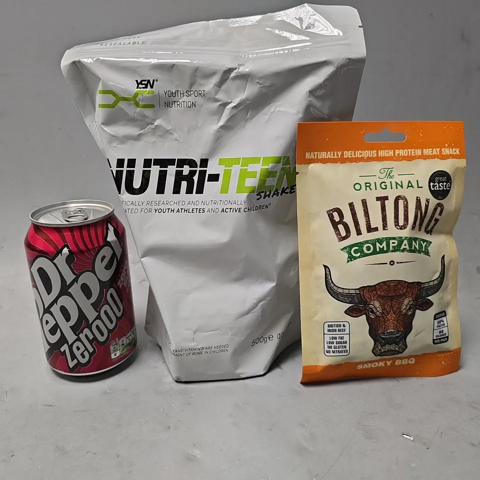 APPROXIMATELY 12 ASSORTED FOOD & DRINK ITEMS TO INCLUDE - BILTONG COMPANY , DR PEPPER ZERO , NUTRI-TEEN SHAKE ETC