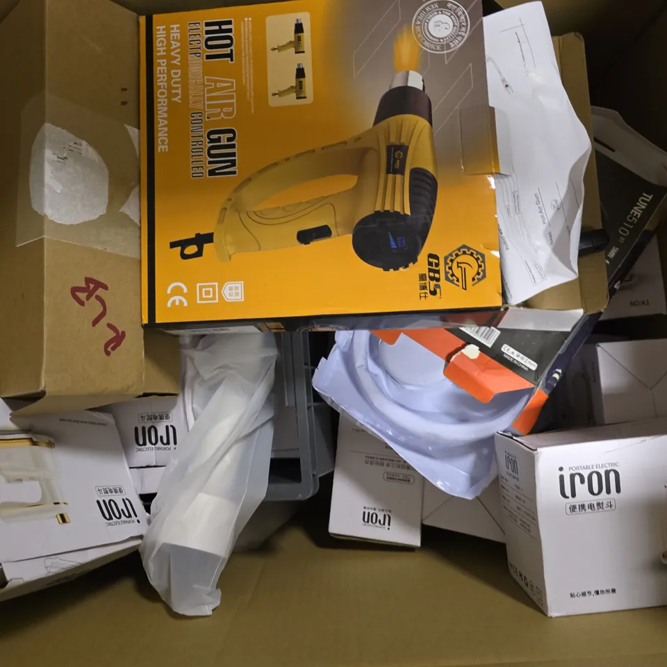 BOX OF APPROXIMATELY 20 ASSORTED ITEMS TO INCLUDE - PORTABLE IRON , SLIMMING MACHINE , ZERO9 PORTABLE FAN ETC