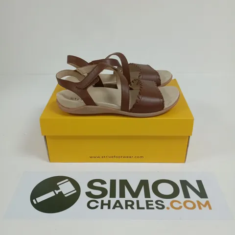 BOXED PAIR OF STRIVE CORAL LADIES TAN LEATHER SANDALS - UK 6