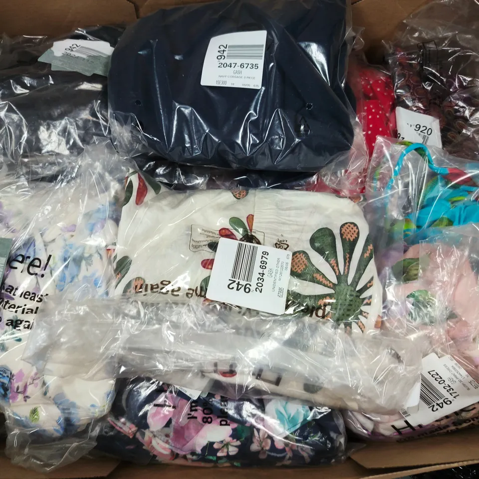 BOX OF APPROXIMATELY 15 ASSORTED CLOTHING ITEMS IN VARIOUS COLORS , SIZES AND STYLES