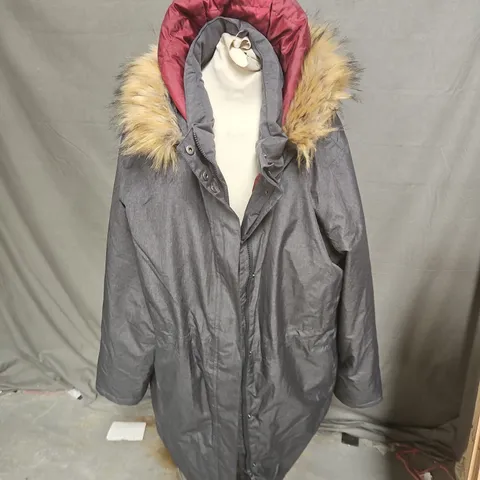 PETER STORM GREY PARKA COAT WITH FUR-TRIMMED HOOD, UK 20