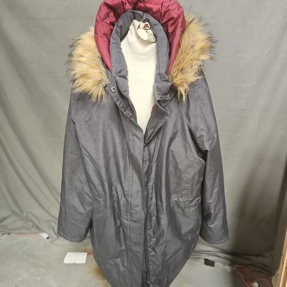 PETER STORM GREY PARKA COAT WITH FUR-TRIMMED HOOD, UK 20
