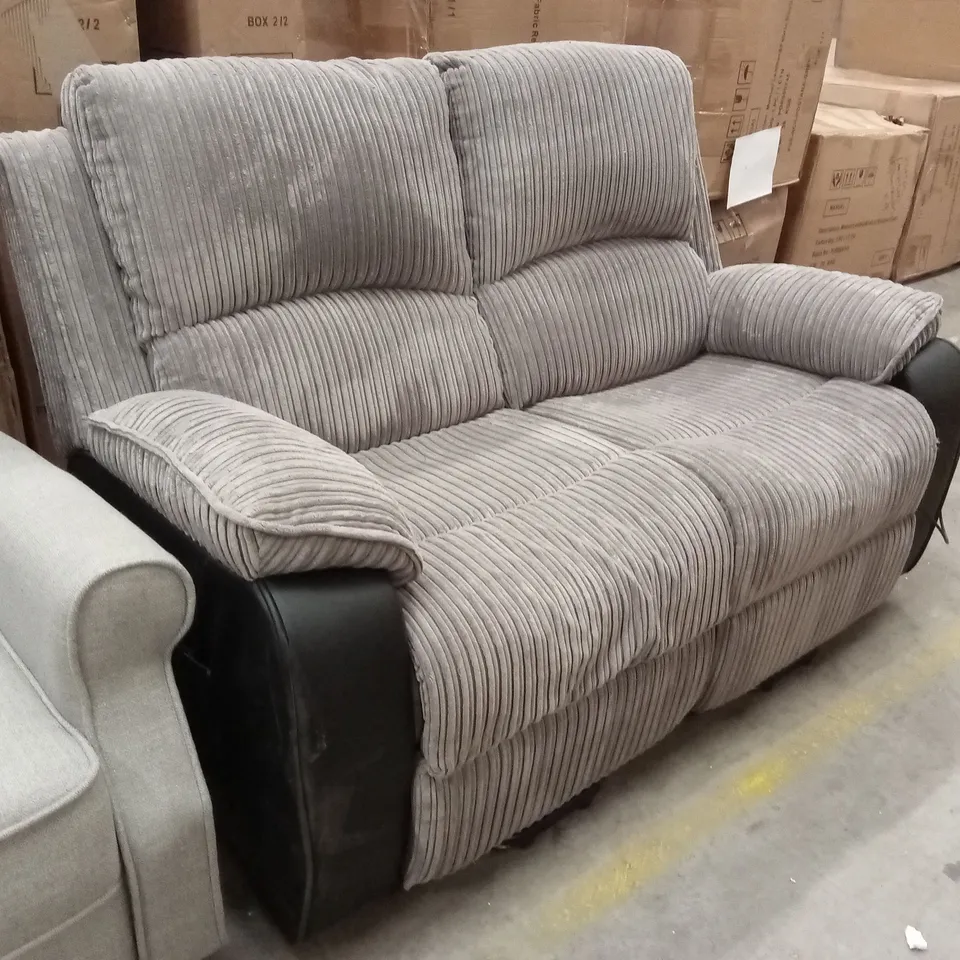 DESIGNER 2 SEATER FAUX LEATHER & CORDUROY FABRIC ELECTRIC RECLINER SOFA - GREY/BLACK