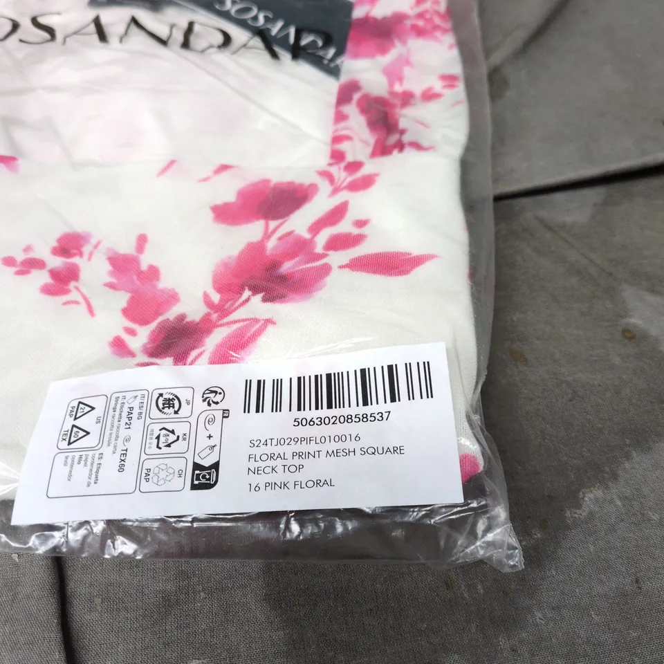 SOSANDAR FLORAL PRINT MESH SQUARE NECK TOP SIZE 16 BAGGED