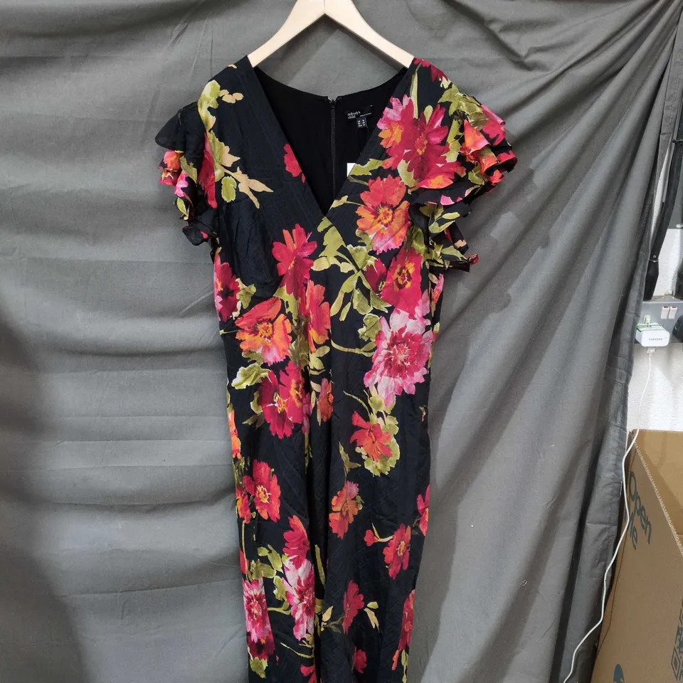 NOBODY'S CHILD FLORAL MAXI DRESS – BLACK WITH PINK & RED FLOWERS, UK 18