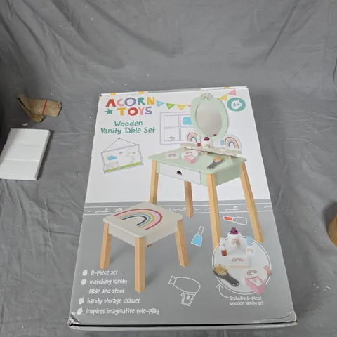 ACORN TOYS WOODEN VANITY TABLE SET – BOXED, INCLUDES STOOL & MIRROR 
