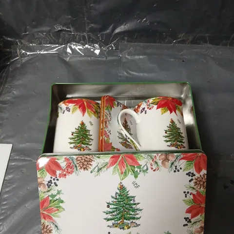 SPODE CHRISTMAS TREE MUGS, COASTERS AND TIN SET