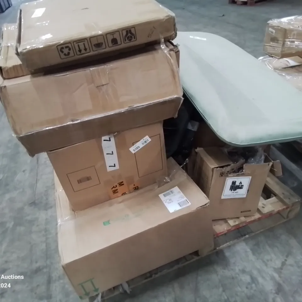 PALLET CONTAINING VARIOUS BOXED FURNITURE PARTS AND OTHER HOUSEHOLD ITEMS ETC.