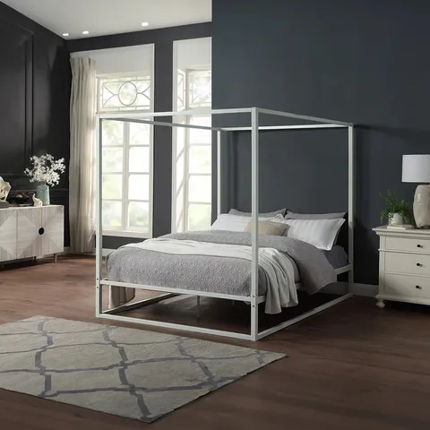 BOXED ASHWELL 4 POSTER MATTE WHITE METAL KING SIZE BED (1 BOX)