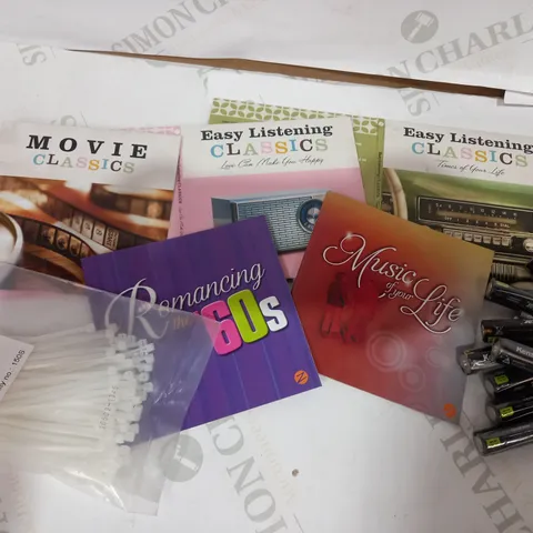 BOX OF APPROXIMATELY 50 ASSORTED HOUSEHOLD ITEMS TO INCLUDE EASY LISTENING CLASSICS CD SLEEVE, AA BATTERIES, ZIP TIES, ETC