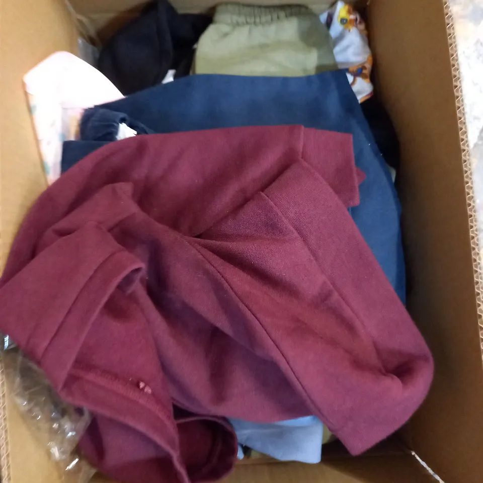 MEDIUM  BOX OF ASSORTED KIDS CLOTHING ITEMS TO INCLUDE BAGS, BABY GROWS AND DRESSES