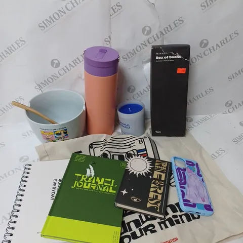 APPROXIMATELY 9 COTTON ON ITEMS INCLUDING LARGE WATER BOTTLE AND FOOD BOWL, BOX OF SOCKS, SELF HELP JOURNAL
