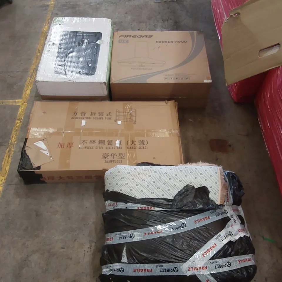 PALLET OF ASSORTED ITEMS INCLUDING: AIR PURIFIER, COOKER HOOD, TROLLEY, RUG ECT