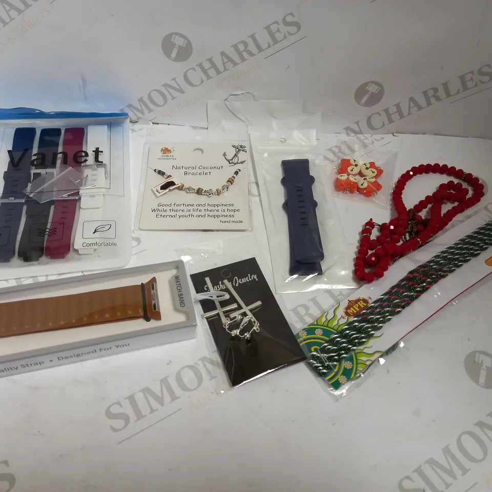 BOX OF APPROX 20 JEWELLERY ITEMS TO INCLUDE SMART WATCH STRAPS, NATURAL COCONUT BRACELET, PRE INJECTION SWABS