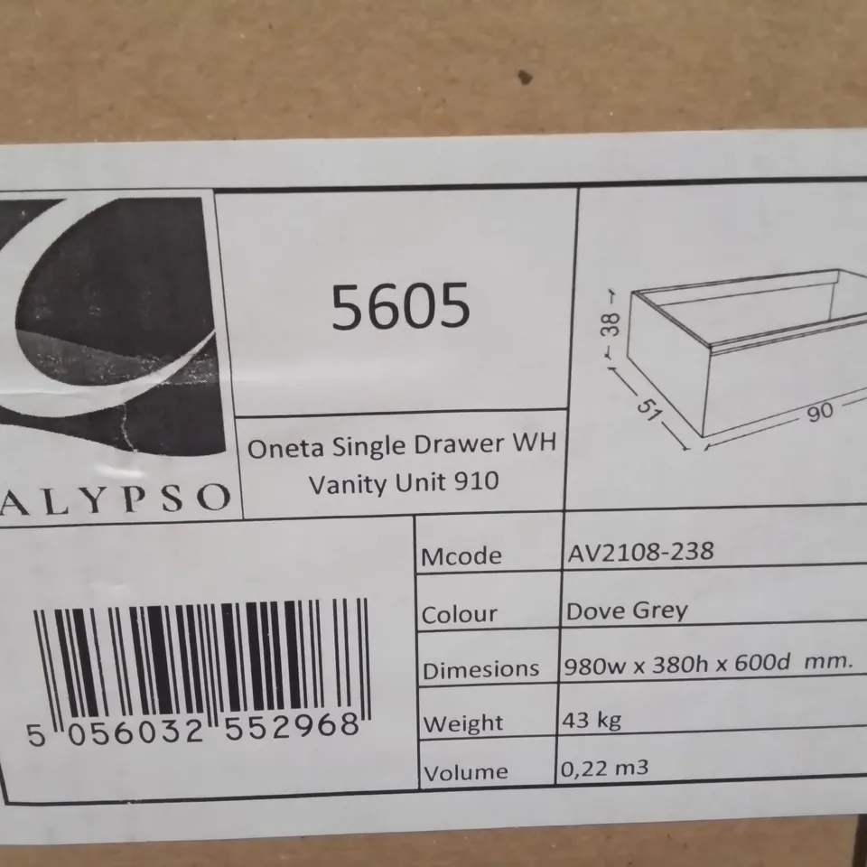 BOXED AS NEW CALYPSO ONETA SINGLE DRAWER WH VANITY UNIT IN DOVE GREY - 980X380X600MM