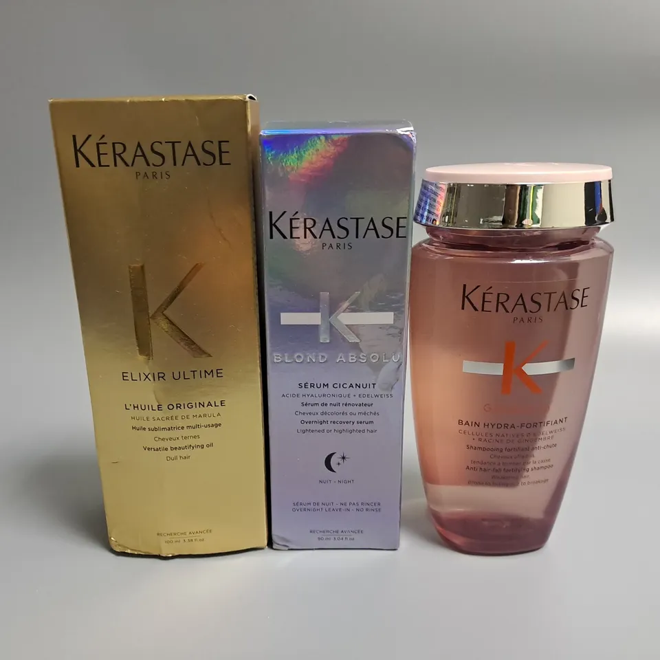 LOT OF 3 ASSORTED KERASTASE BEAUTY ITEMS TO INCLUDE ELIXIR ULTIME OIL AND BLOND ABSOLU RECOVERY SERUM