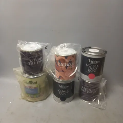 6 ASSORTED POTS OF PAINT TO INCLUDE VINTRO, RUSTOLEUM, AND CUPRINOL 