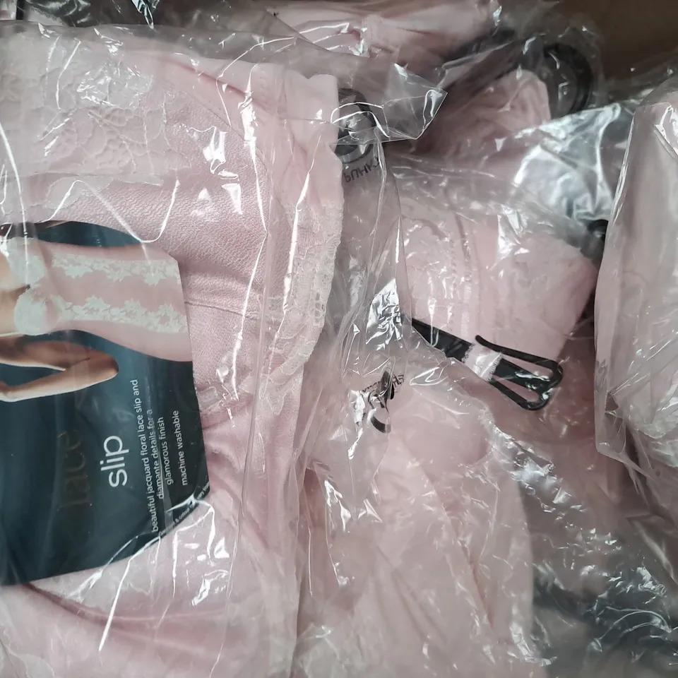 BOX OF APPROXIMATELY 15 ASSORTED LACE SLIP DRESSES IN PINK (SIZES VARY)