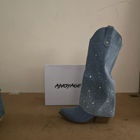 ANVOYAGE DENIM KNEE-HIGH BOOTS WITH RHINESTONE EMBELLISHMENTS – WOMEN'S
