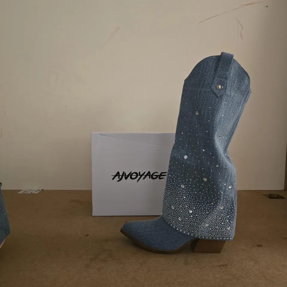 ANVOYAGE DENIM KNEE-HIGH BOOTS WITH RHINESTONE EMBELLISHMENTS – WOMEN'S