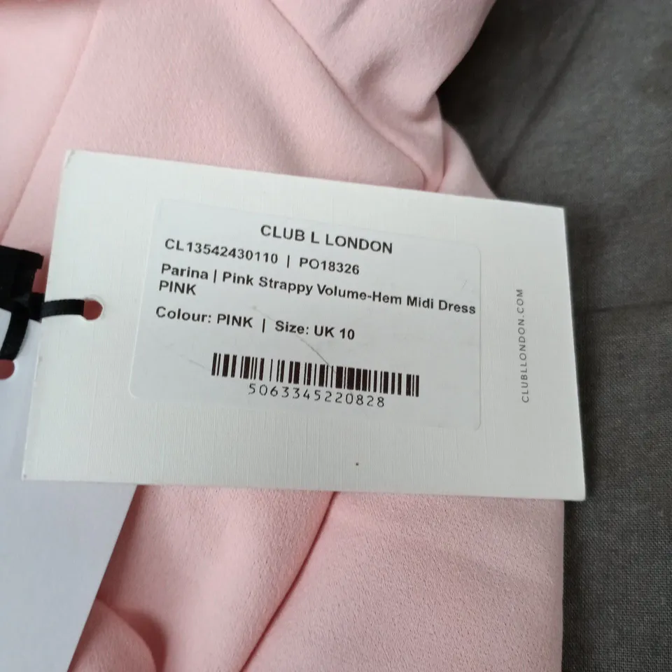 CLUB L LONDON PARINA PINK STRAPPY VOLUME-HEM MIDI DRESS, UK 10
