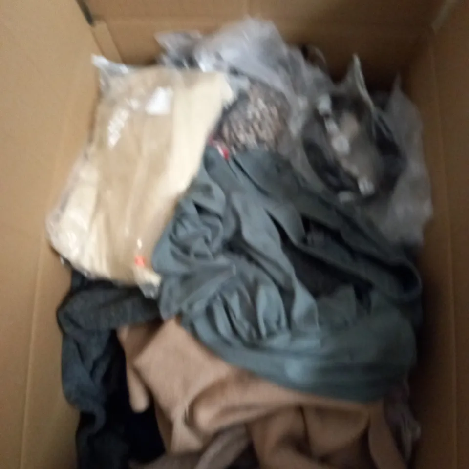 BOX OF ASSORTED CLOTHING ITEMS TOO INCLUDE DRESSES , SHIRTS AND TROUSERS IN VARIOUS SIZES AND COLOURS