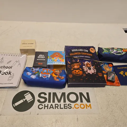 LARGE QUANTITY OF TOYS AND ACCESSORIES TO INCLUDE; TOY STORY PENCIL CASE, PAW PATRL PENCIL CASE, HIGHLAND COW HALLOWEEN COUNTDOWN, EMOJI STAMP, MY PRE SCHOOL BUSY BOOK AND ECHO BI-BI CHAIN